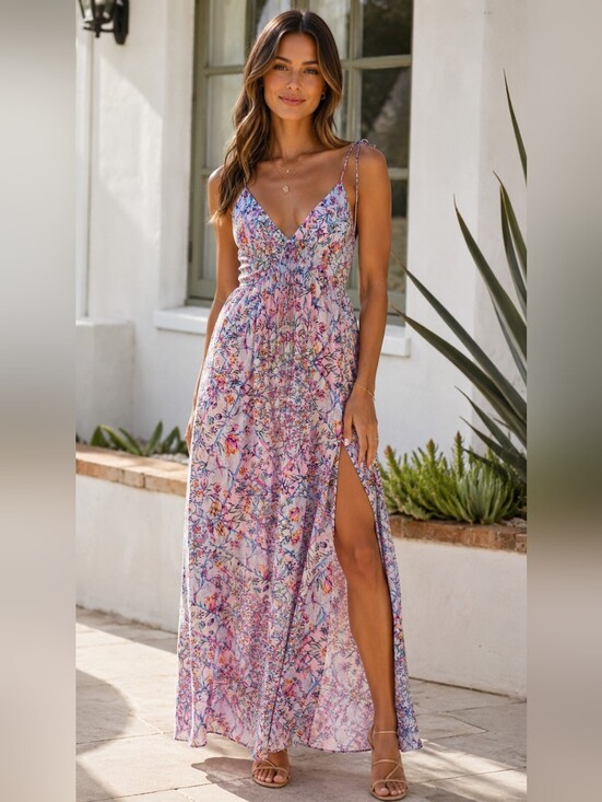Steve Madden Dresses & Skirts - Steve Madden Lavender & Pink Floral Boho Lined Maxi Dress Thigh Slit Womens 6-8